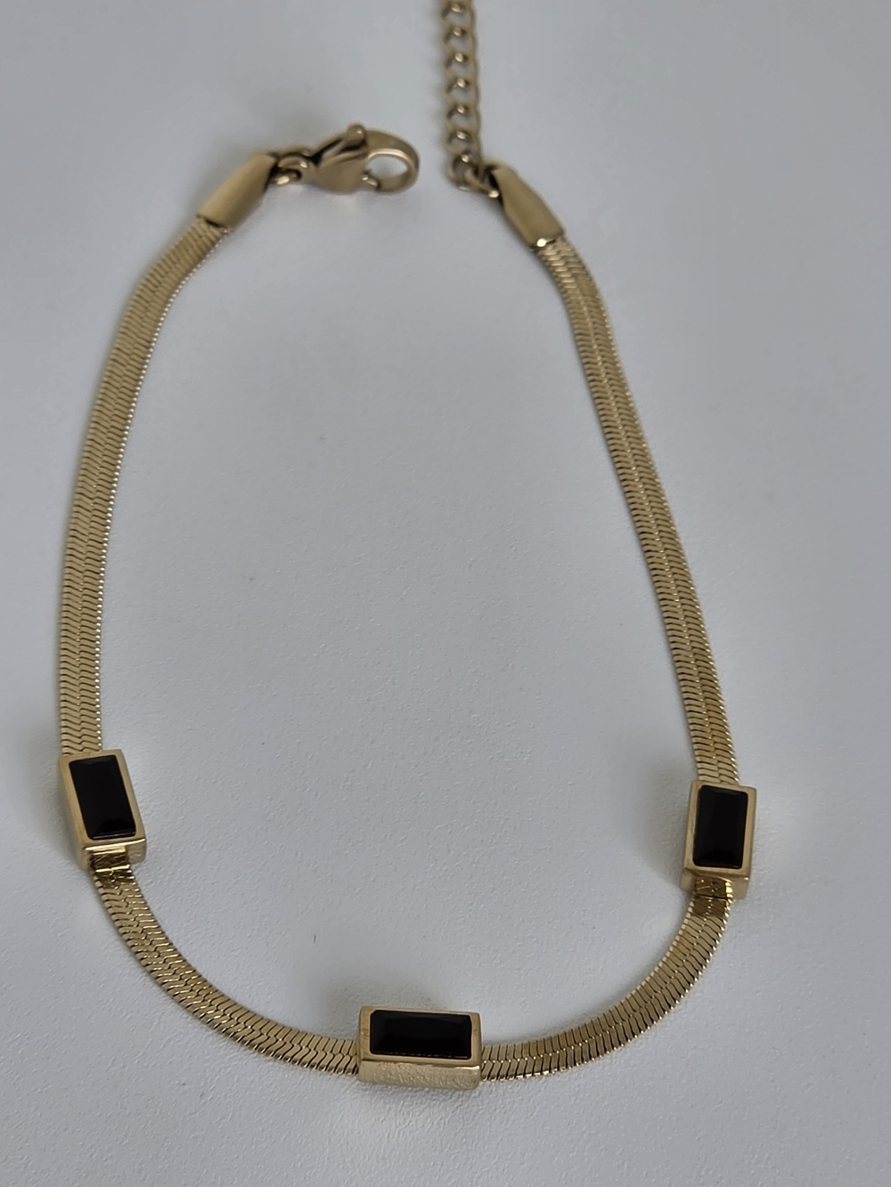 Stainless Steel Gold Tone Herringbone Bracelet Black Stone Accent 7"+2"